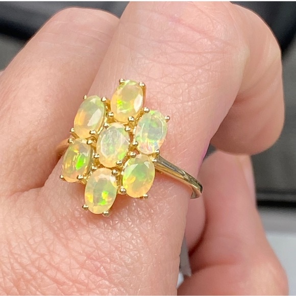 10k Yellow Gold 2 Carat Opal Ring - Fire Opal Flower Custer Ring - Picture 10 of 15